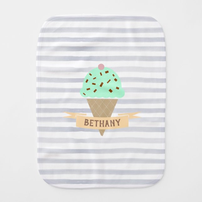 Mint Choc Chip Ice Cream Stripes Personalised Baby Burp Cloth (Front)