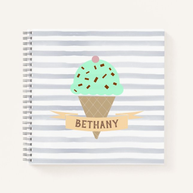 Mint Choc Chip Ice Cream Stripes Personalised Notebook (Front)