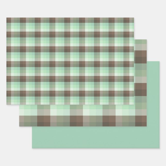 Mint Chocolate Chip Color Block Plaid Stripes  Wrapping Paper Sheets (Set)