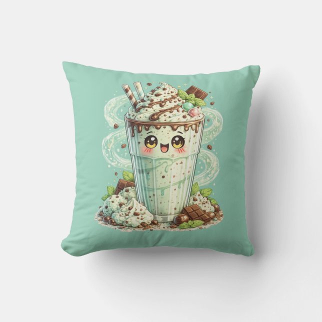 Mint Chocolate Chip Milkshake Kawaii Cushion  (Front)