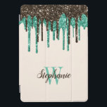 Mint Chocolate Ice Cream Glitter Drips Monogram iPad Pro Cover<br><div class="desc">This fun design features a top border of dripping faux glitter in ice cream colors: mint green and chocolate brown. Personalize it with her name in matching chocolate brown handwriting script and her initial in mint green serif font on an ivory background.</div>