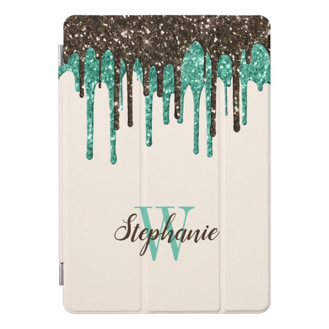 Mint Chocolate Ice Cream Glitter Drips Monogram iPad Pro Cover (Front)