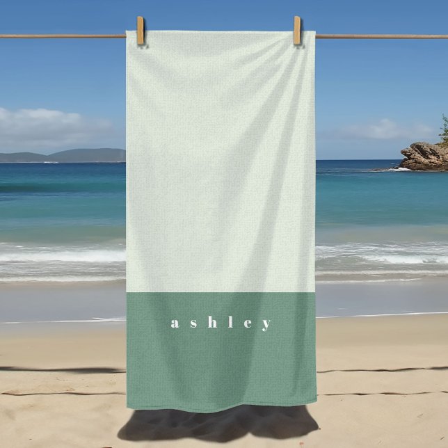 Mint Color Block Personalized Beach Towel (Green color block personalized name beach towel.)