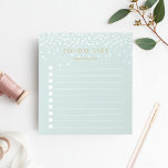 Mint | Confetti Dots Personalized To-Do List Notepad<br><div class="desc">Chic personalized notepad features "to do list" at the top with your name beneath, in dark antique gold lettering on an ethereal pastel mint green background dotted with white confetti dots raining from the top. Keep track of all your important items with this lined to-do list note pad featuring 10...</div>
