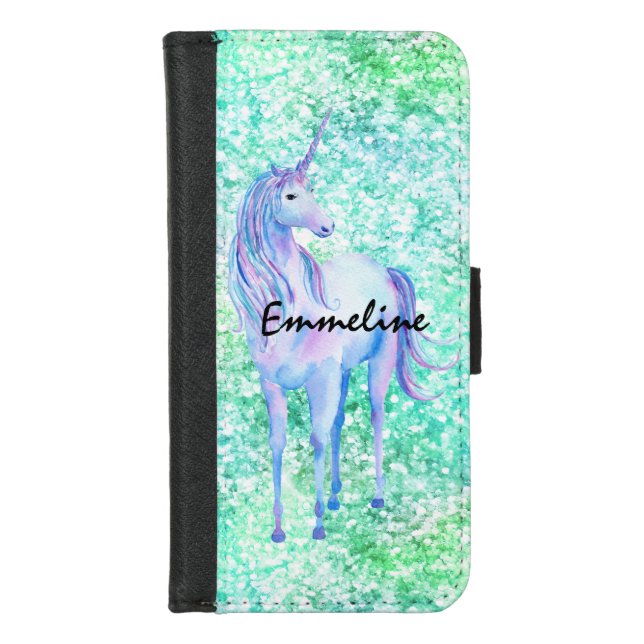 Mint Confetti Glitter Unicorn iPhone Wallet Case (Front)