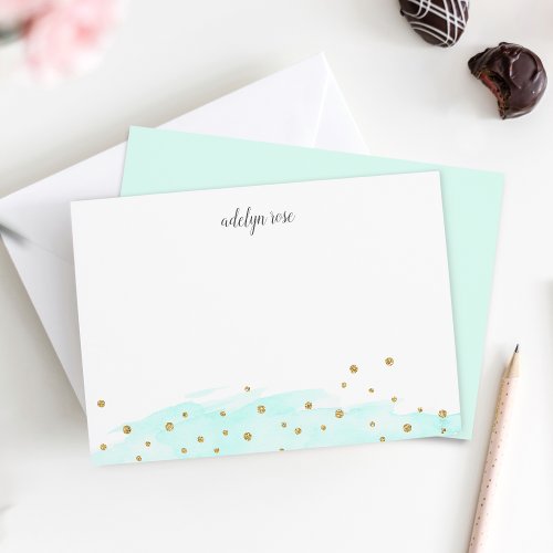 Mint  Confetti Pop Personalized Stationery Flat Note Card
