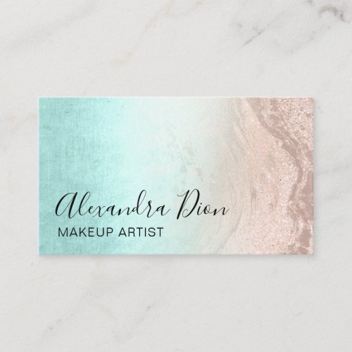 Mint  copper rose gold glitter makeup artist business card