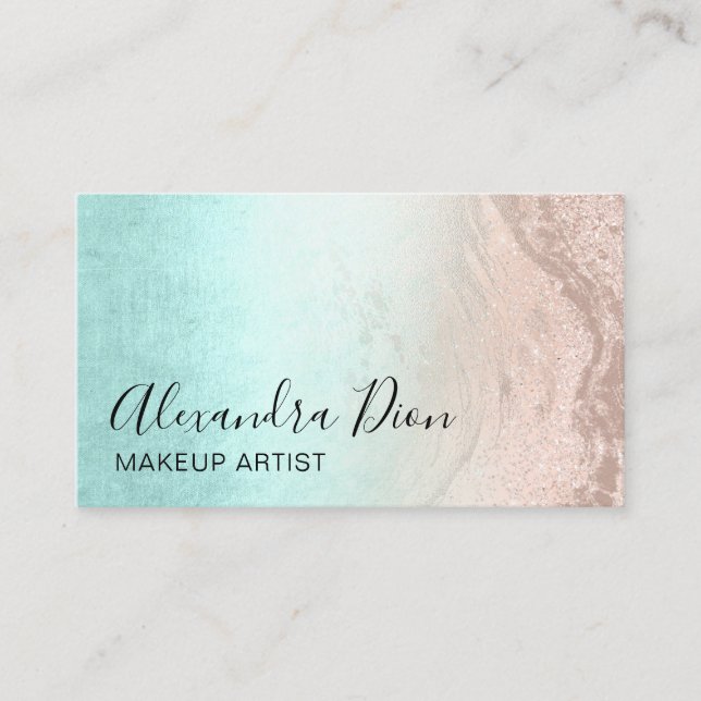 Mint & copper rose gold glitter makeup artist business card (Front)