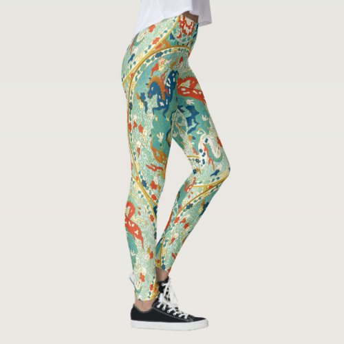Mint Coral and Blue Horse and Floral Pattern Leggings