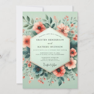 Mint Coral Aquarelle Bloom Wedding Invitation