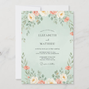 Mint Coral Blossom Wedding Invitation