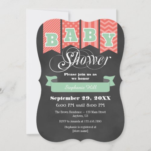 Mint Coral Chalkboard Flag Baby Shower Invite