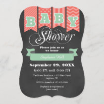 Mint Coral Chalkboard Flag Baby Shower Invite