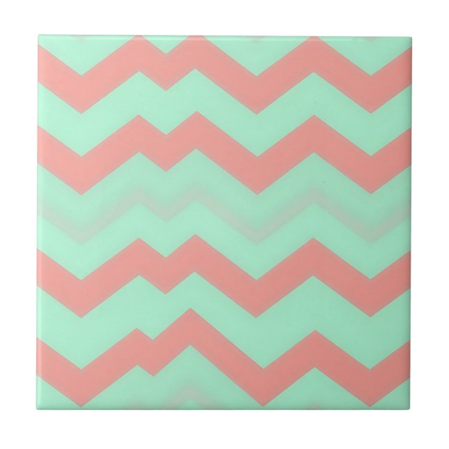 Mint Coral Chevron Pattern Ceramic Tile (Front)