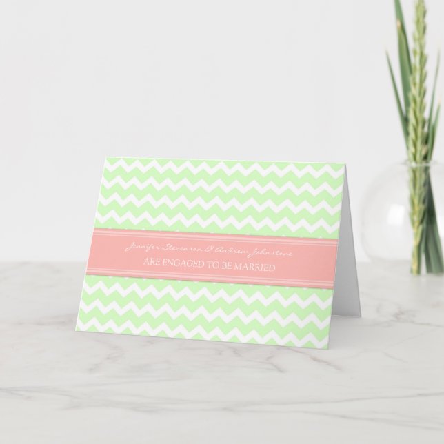 Mint Coral Chevrons Engagement Announcement Card (Front)