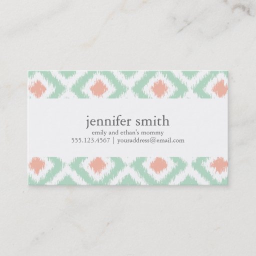 Customizable Mint Coral Diamonds Ikat Pattern Business Card Templates