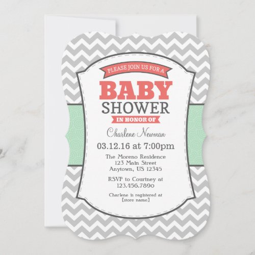 Mint Coral Gray Chevron Baby Shower Invitation