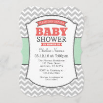 Mint Coral Gray Chevron Baby Shower Invitation