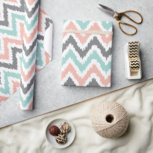 Mint Coral Gray Zigzags Ikat Pattern Wrapping Paper