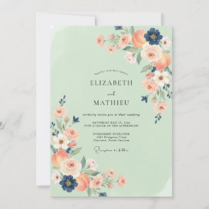 Mint Coral Indigo Ranunculus Eucalyptus Wedding Invitation