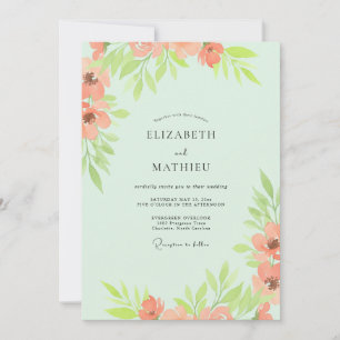 Mint Coral Leaf Wedding Invitation