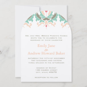Mint Coral Peach Damask Wedding Invitation