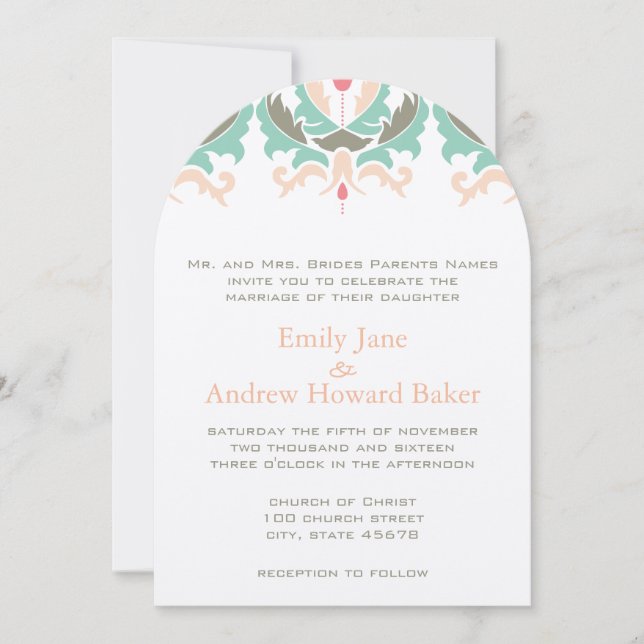 Mint Coral Peach Damask Wedding Invitation (Front)