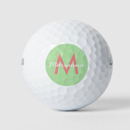 Mint  Coral Pink Name and Modern Monogram Golf Balls