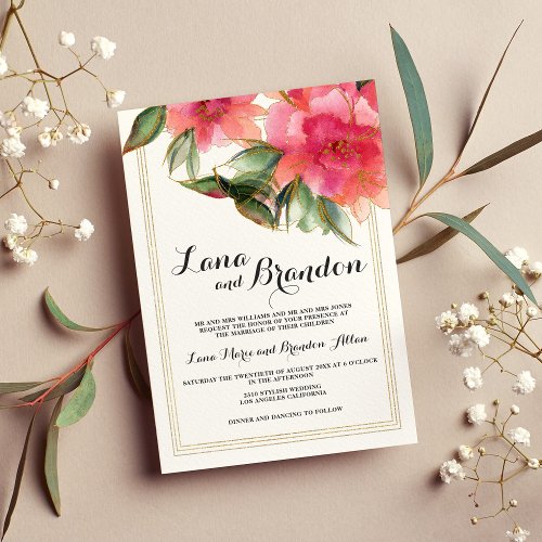 Mint coral pink white gold glitter floral wedding invitation