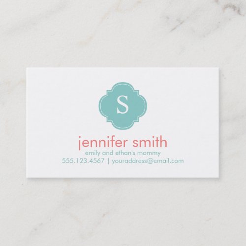 Mint Coral Quatrefoil Monogram Stripes Pattern Calling Card