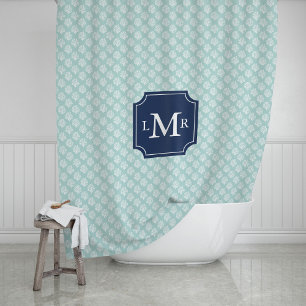 Mint Coral Reef Pattern and Blue Monogram Shower Curtain