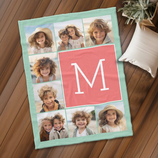 Mint Coral Square 8 Photo Collage Monogram Fleece Blanket (Personalized fleece blanket with 8 photos and a monogram)