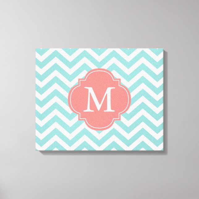 Mint & Coral Zigzags Pattern Monogram Canvas Print (Front)