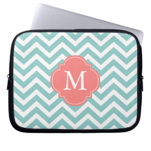 Mint & Coral Zigzags Pattern Monogram Laptop Sleeve