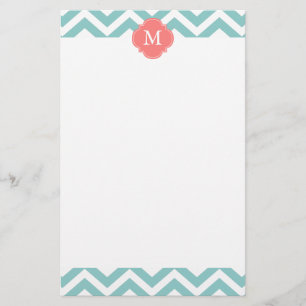 Mint & Coral Zigzags Pattern Monogram Stationery