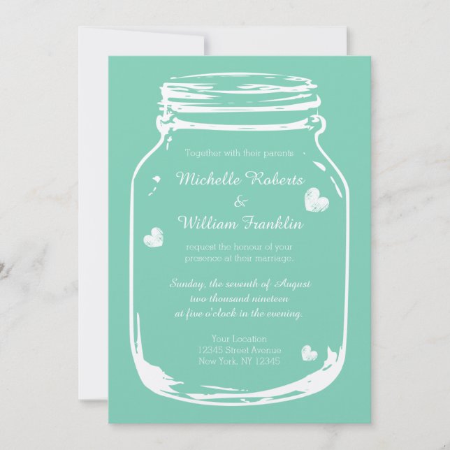Mint country chic mason jar wedding invitations (Front)
