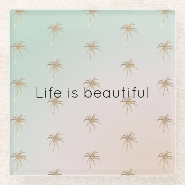 Mint Cream Ombre Tropical Gold Palm Trees         Glass Coaster (Front)