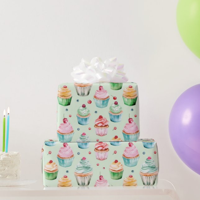Mint Cream Pink Cupcakes Birthday Wrapping Paper (Party Gifts)