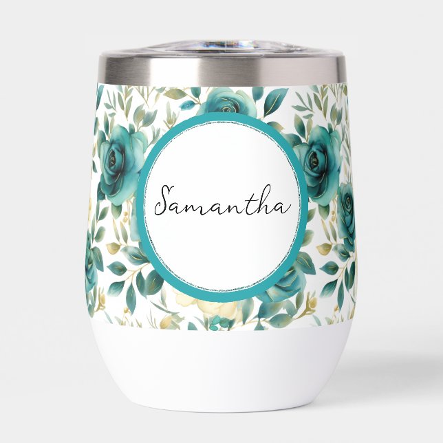 Mint Cream Rose Floral Thermal Wine Tumbler (Front)