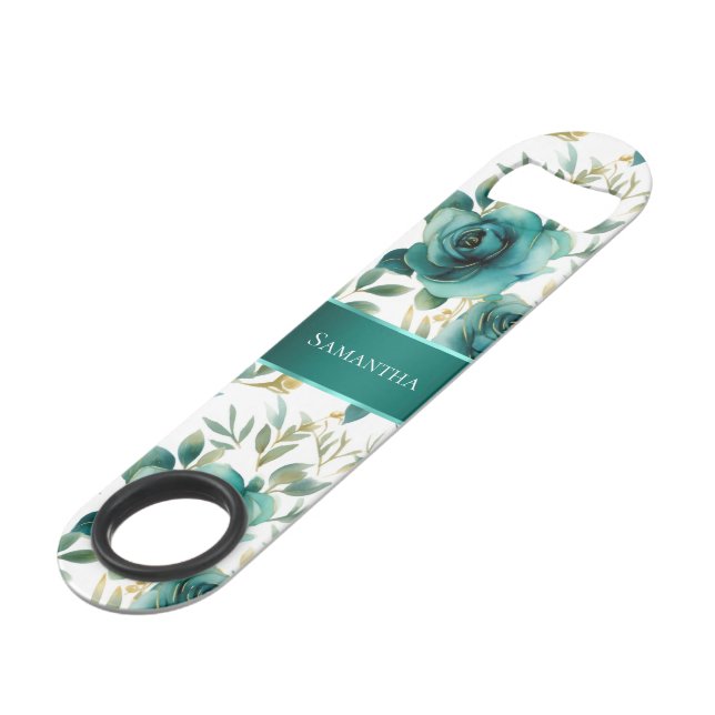 Mint Cream Rose Floral Wedding Bar Key (Front Angled)