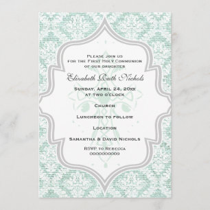 Mint Cross white damask burlap First Communion Invitation