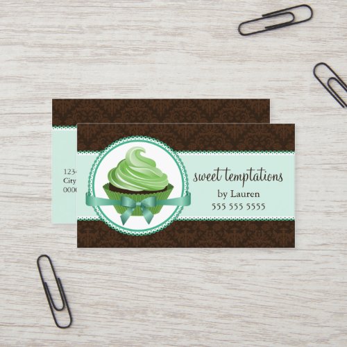 Mint Cupcake and Damask Bakery Business Cards