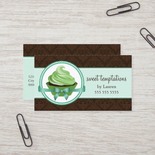 Customizable Mint Cupcake and Damask Bakery Business Cards