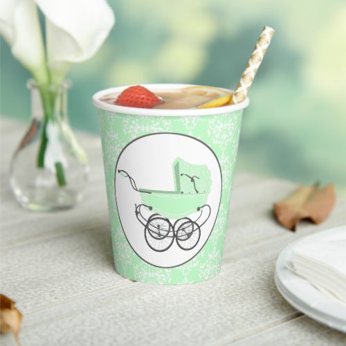 Mint Damask and Baby Buggy Baby Shower  Paper Cups