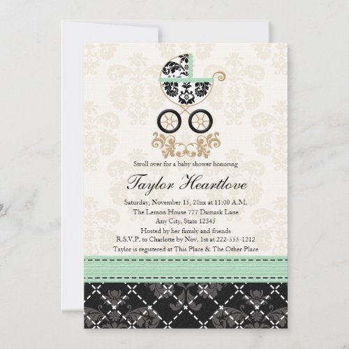 MINT DAMASK BABY CARRIAGE BABY SHOWER INVITATION