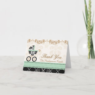 MINT Damask Baby Carriage Shower Thank You Card