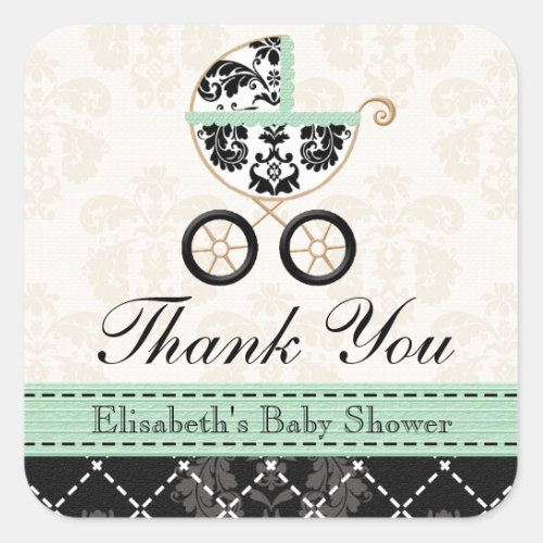 MINT DAMASK BABY CARRIAGE THANK YOU SQUARE STICKER