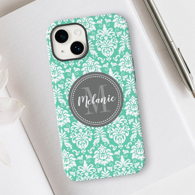 Mint Damask Grey Monogram Name Case-Mate iPhone Case (Creator Uploaded)