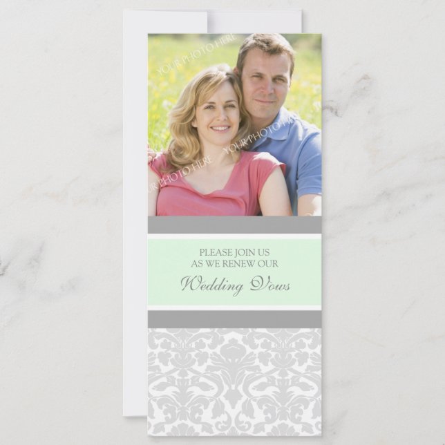 Mint Damask Photo Wedding Vow Renewal Invitations (Front)