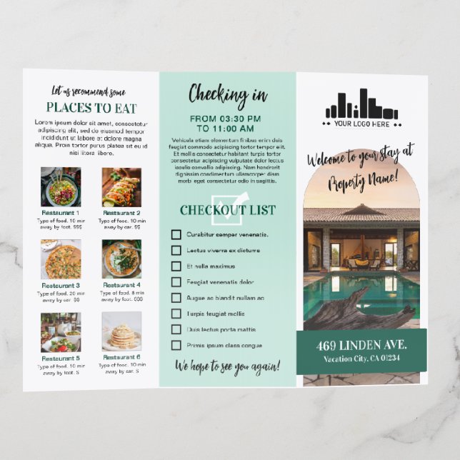 Mint & Dark Green Stylish Vacation Rental Welcome Brochure (Outside)